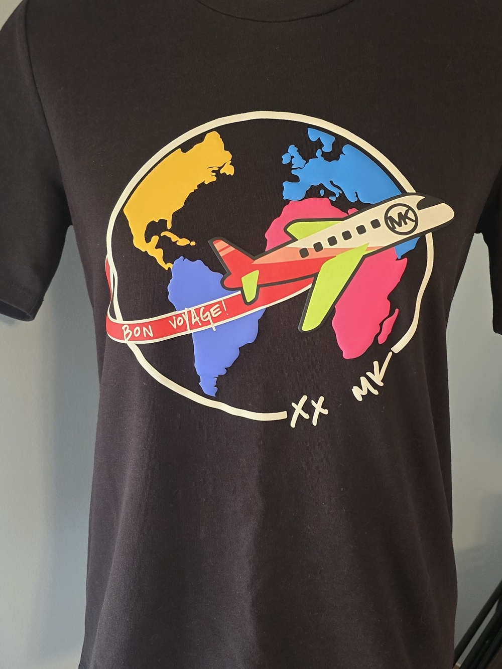 Michael Kors Black Tee with Colorful World & Airplane Graphic(26)